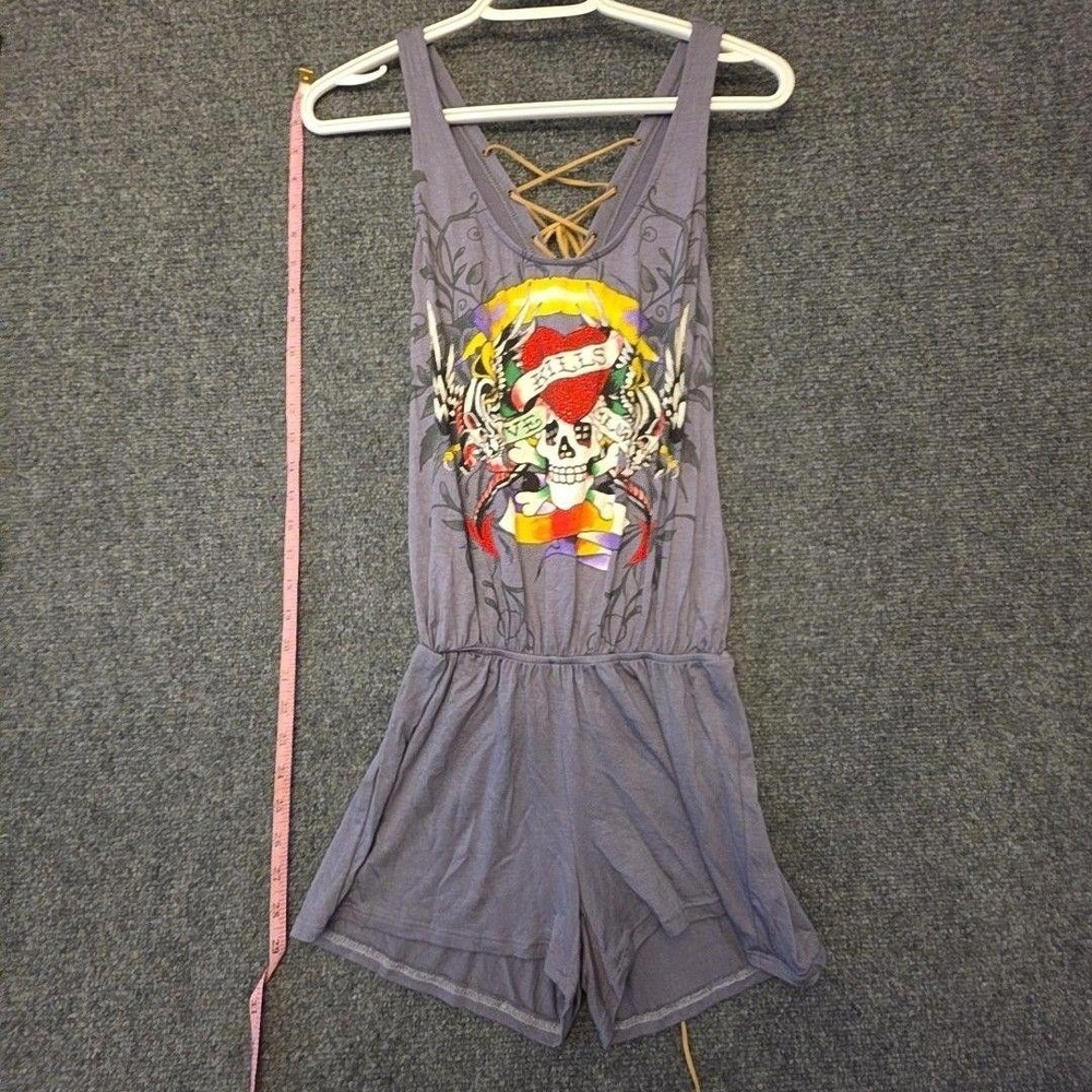 Ed Hardy Romper Womens S Purple Skull Graphic Lace Up V Neck Jersey One Piece